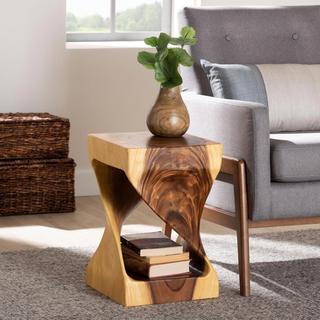Bali & Pari Rapha Hand-Carved Side Table with Shelf