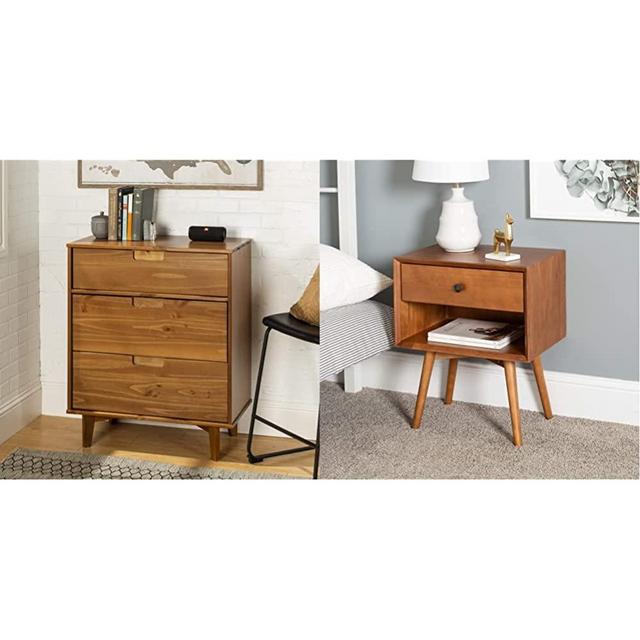 Walker Edison Storage Drawer and Shelf Bedside End Table, 3 Drawer, Caramel & Mid Century Modern Wood Nightstand Side Table Bedroom Storage Drawer and Shelf Bedside End Table, 1 Drawer, Caramel