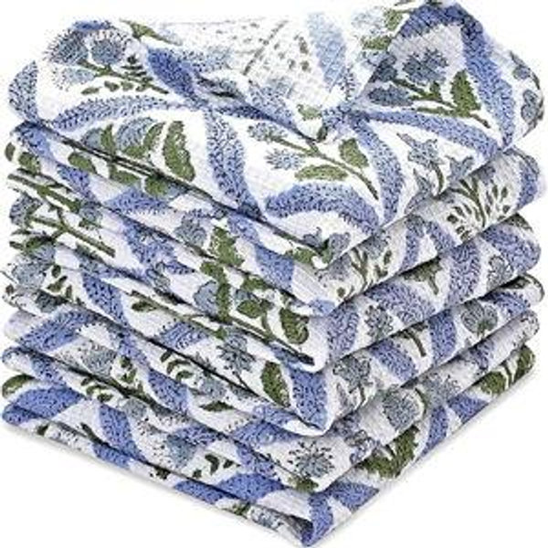 Ridhi Light Steel Blue Hand Block Print Cotton Waffle Dish Cloth Set of 6-12x12 Inch Super Absorbent, Soft, Reusable Kitchen Towels for Dish Drying Cleaning, Ideal for Spring, Easter, Valentine
