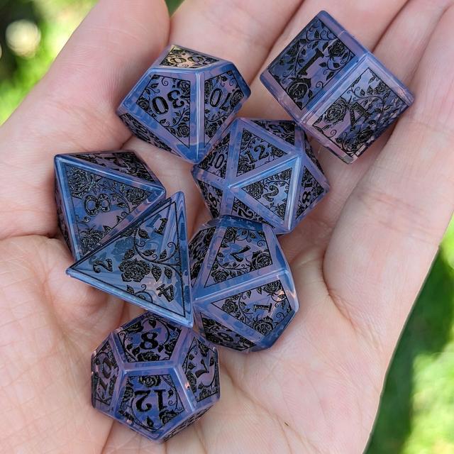 Purple Opalite Rose DnD Dice Set, Polyhedral D&D dice, Dungeons and Dragons, TTRPG Dice. Real Glass Dice Set. Etched Roses and Vines