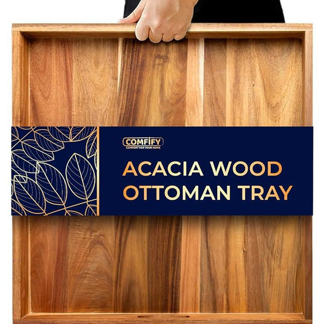 Extra Large (22") Square Premium Acacia Wood Ottoman Tray with Handles - Use for Serving Food in Style for Dinner, Breakfast, Snacks, BBQ, Entertaining Guests & More