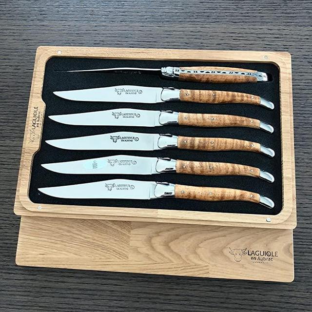 Laguiole en Aubrac Luxury Fully Forged Full Tang Stainless Steel Steak Knives 6-Piece Set with Wavy Maple Wood Handle, Stainless Steel Shiny Bolsters