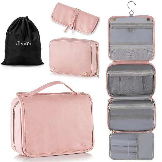 Elviros Toiletry Bag Hanging Travel Organizer for Men and Women, 3 in 1 Multifunctional Large Makeup Cosmetic Case for Toiletries Accessories, Water-resistant PU Leather Bathroom Dopp Kit Shaving Bag