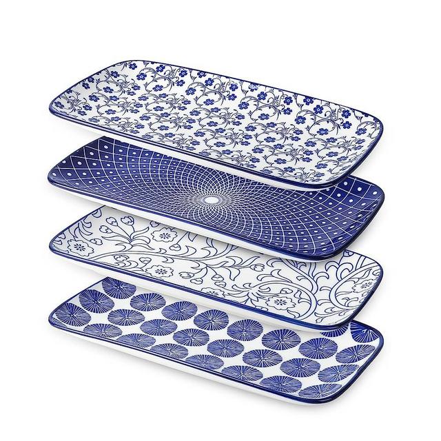 Selamica Ceramic Rectangular Serving Platters Set of 4, 12 Inch Serving Trays/Dishes for Party Entertaining, Dinner Plates for Appetizer Salad Dessert Sushi, Gift, Vintage Blue