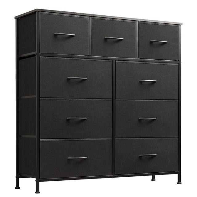 WLIVE 9-Drawer Dresser, Fabric Storage Tower for Bedroom, Hallway, Nursery, Closets, Tall Chest Organizer Unit with Textured Print Fabric Bins, Steel Frame, Wood Top, Easy Pull Handle, Charcoal Black