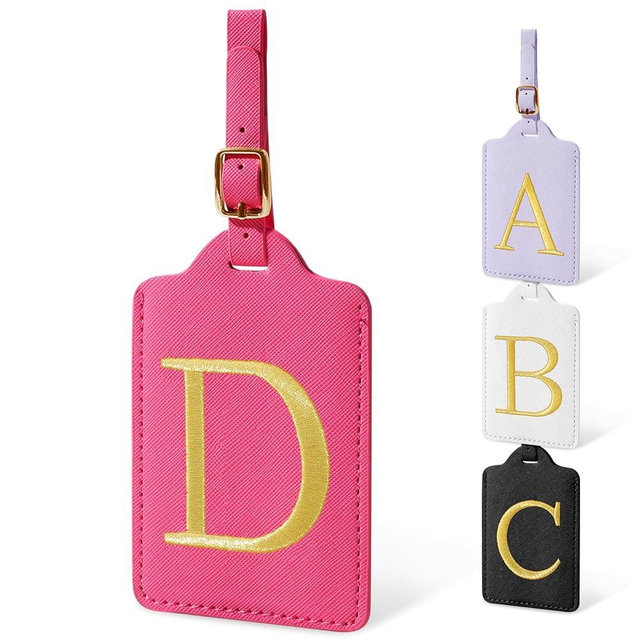 Initial Letter Luggage Tags for Suitcases, Embroidered Monogrammed Suitcase Luggage Identifier Name Tag, PU Leather TSA Approved Luggage Tags, Bag Tags for Men Women Kids Luggage Handbags(Rosered D)