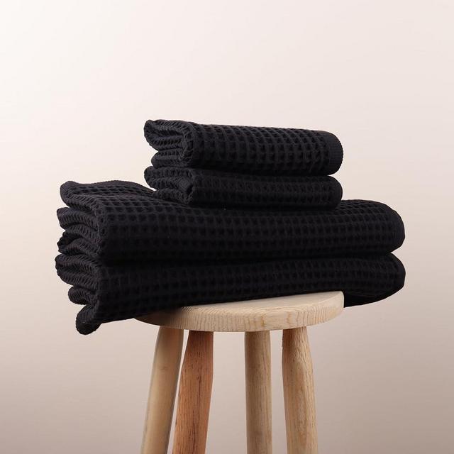 Püskül - 4 Pieces Waffle Towel Sets for Bathroom, Premium Organic Turkish Cotton 2 Hand Towels 2 Bath Towels Set (Black)