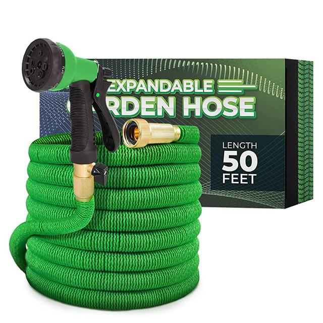Joey's Expandable Garden Hose with 8 Function Hose Nozzle, Lightweight Anti-Kink Flexible Garden Hoses, Extra Strength Fabric with Double Latex Core (50 FT, Green)
