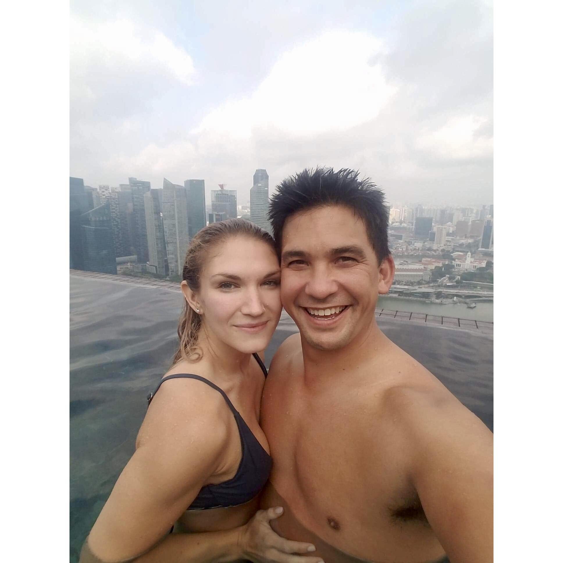 Marina Bay Sands Hotel pool overlooking downtown Singapore. September 2019