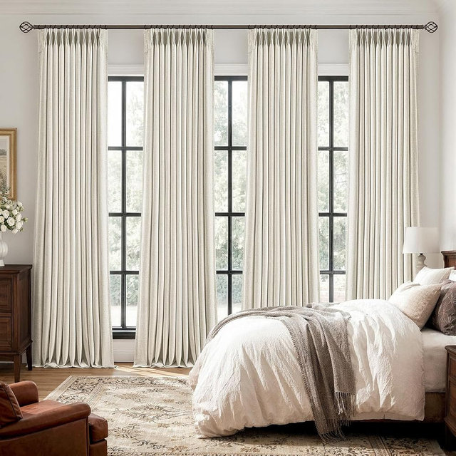 MIULEE 4 Panels Set Natural Pinch Pleated 100% Blackout Linen Curtains 108 Inch Long, Black Out Memory Trained Pleat Curtains Light Blocking Room Darkening Drapes for Bedroom Living Room Window