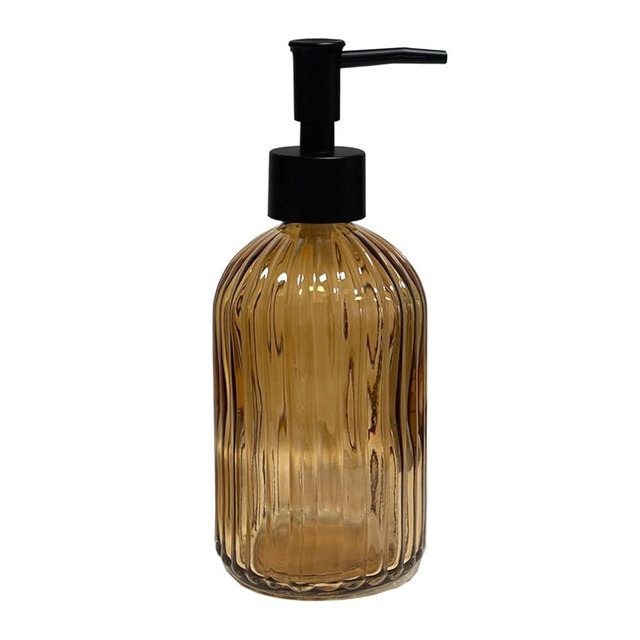 Black Pump Glass Soap Dispenser, 13.5oz Brown Stripe Countertop Refillable Liquid Bottle Hand Dish Lotion Dispenser with Plastic Pump, for Kitchen, Bathroom Countertop