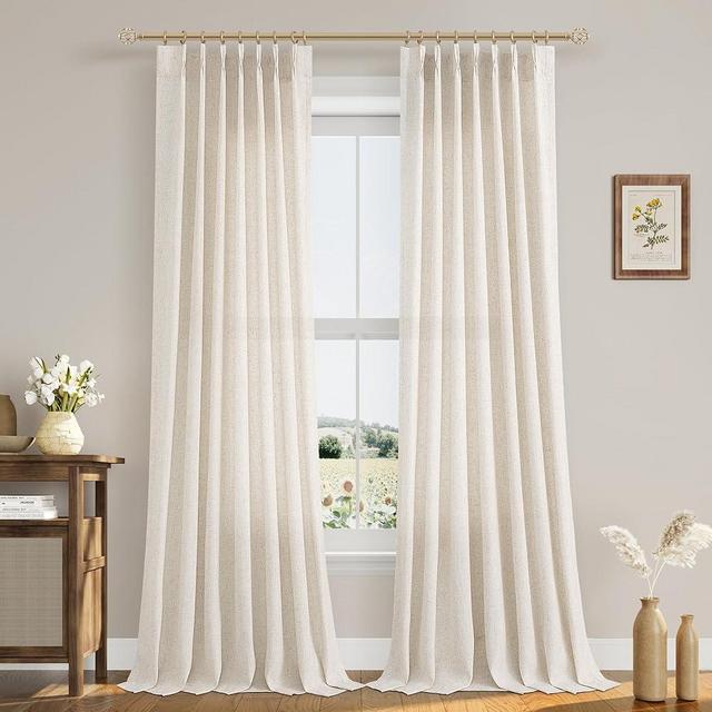 Pinch Pleated 90 Inch Curtains 2 Panels for Living Room Cream Beige Linen Curtains 90 Inches Long Pinch Pleat Drapes for Track System Light Filtering Semi Sheer Curtains for Dining Bedroom Office