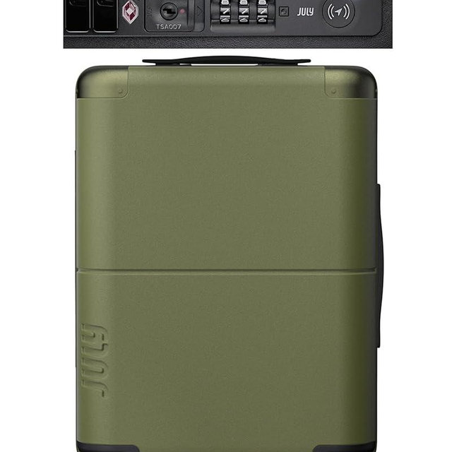 July Carry On with CaseSafe - 20" Built in Tracking, Airline Approved Carry On Luggage with Wheels, Travel Suitcase for Men & Women - Polycarbonate Shell, USB Ports & Ejectable Battery - Moss