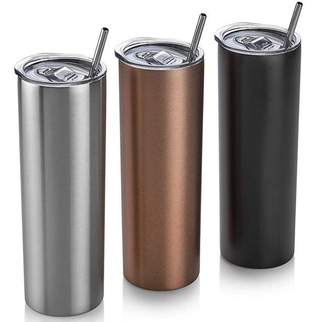 Skinny Tumbler 3 Pack - 20 oz Stainless Steel Insulated Reusable Tumbler with Lids and Straws Plus Cleaning Brush – For Hot and Cold Drinks