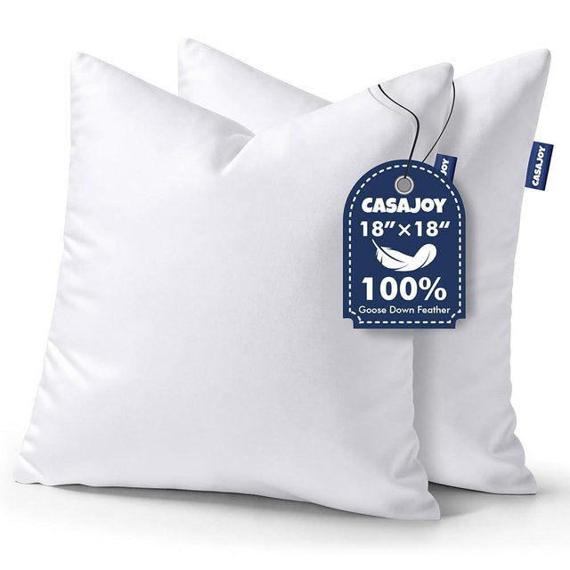 CASAJOY 18x18 Pillow Inserts, Set of 2 Down Feather Throw Pillows, 100% Cotton Fabric Soft Decorative Square Pillows Insert for Couch Sofa Bed