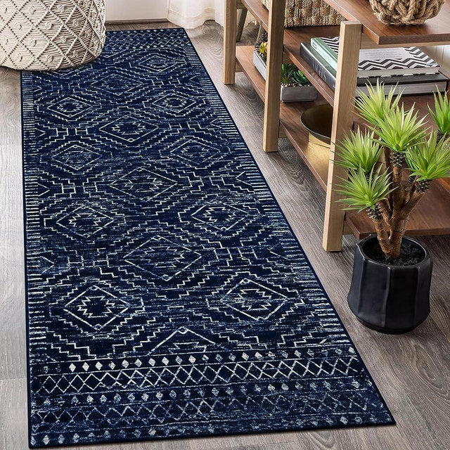 Wonnitar Washable Runner Rug for Kitchen,2'6"x8' Moroccan Blue Hallway Carpet Runner,Non-Slip Long Geometric Rustic Entryway Floor Runner Soft Throw Mat for Bedroom Bathroom Closet