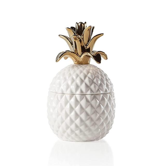 Torre & Tagus Pineapple Ceramic Lidded Canister Gold Crown Lid Hawaiian Themed Home Decor Accent, Short, White Gold