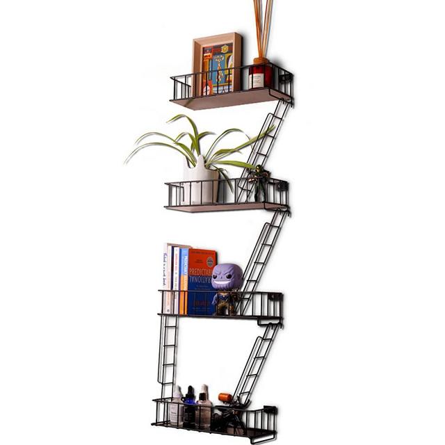 KOTIJOKI 4 Tier Fire Escape Shelf - Floating Wall Mounted Rustic Metal Shelves with Detachable Ladders for Home Décor, Bedroom, Bathroom, Kitchen & Office Storage Organizer, 30lb Capacity