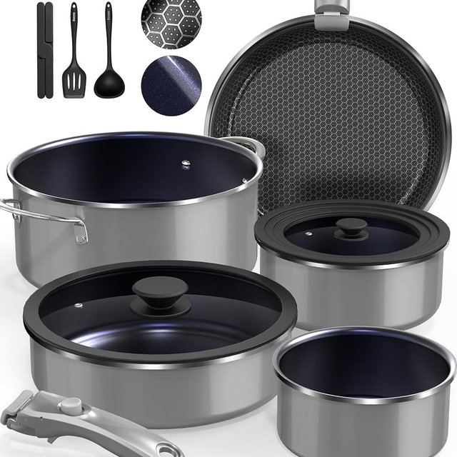 DUXANO Ceramic Pots and Pans Set Non Stick, 2026 Upgraded Hybrid Frypan, 1.5&2 QT Saucepans with Lid, Oil-less Cooking, PFAS Free Non Toxic, Induction Ready,Oven&Dishwasher Safe,Removable Handle,12PC