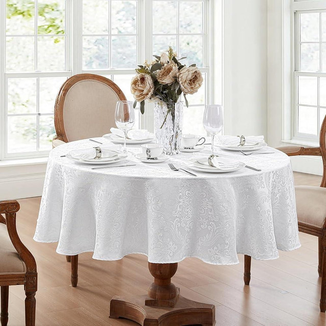 Elrene Home Fashions Caiden Elegance Damask Waterproof, Stain & Wrinkle Resistant Fabric Tablecloth, 90" Round, White
