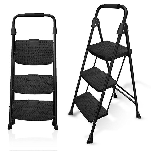 KOLLMAX 2 3 4 Step Ladder, Folding Step Stool with Wide Anti-Slip Pedal,Foldable Step Stool for Home Lightweight, Portable Steel, for Household Garage Storage (Black, 3 Step)