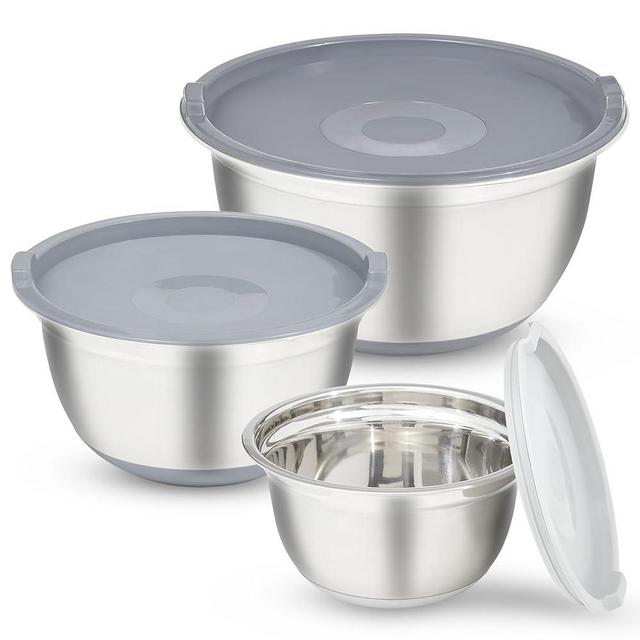COOK WITH COLOR Mixing Bowls with Airtight Lids - 6 piece Stainless Steel Metal Nesting Storage Bowls, Non-Slip Bottoms (Grey)