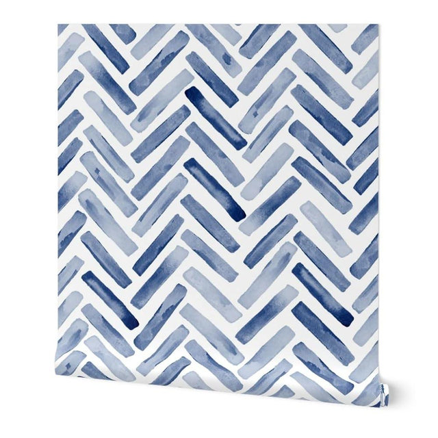 Peel & Stick Wallpaper Swatch - Indigo Blue Painted Chevron Boys Winter Nursery Ocean Custom Removable Wallpaper by Spoonflower