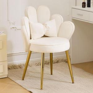 VINGLI Petal Makeup Vanity Chair with Back,Flower Cute Girls Desk Chair Comfy No Wheels,Modern Dining Chair,Small Accent Chair with Adustable Gold Legs&Bow Pillow for Home Office,Bedroom,Velvet,White