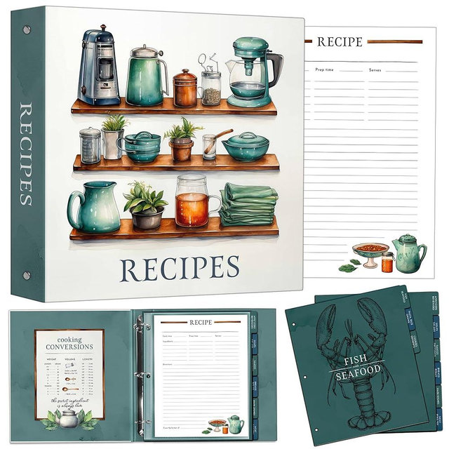 Recipe Binder Organizer, 3 Ring Silver Cookbook Binder with 30 Recipe Pages, 30 Plastic Sleeves, 9 Full Color Dividers 11x12x2 Inch, Recipe Organizer