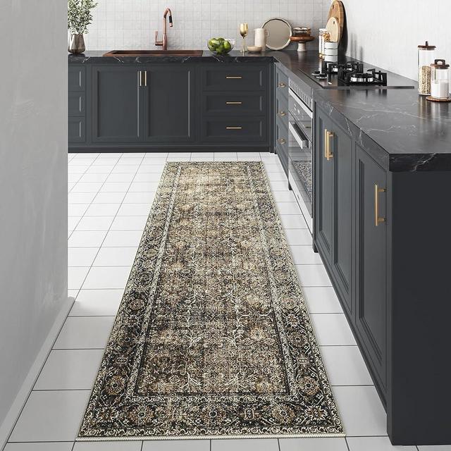 PureCozy Brown Runner Rug 3x10 Vintage Area Rug Hallway Indoor Kitchen Washable Living Room Carpet Tribal Distressed Rug Retro Accent Throw Rug for Office Dining Room Bathroom Faux Wool