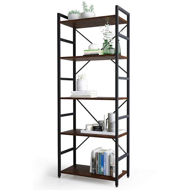 Haton Bookshelf, 5-Tier Wood Bookcase with Metal Frames, 5-Shelf Industrial Storage Shelf Organizer, Modern Tall Display Shelf Racks Open Wide Standing Shelving Unit for Home Office Study 62-inch