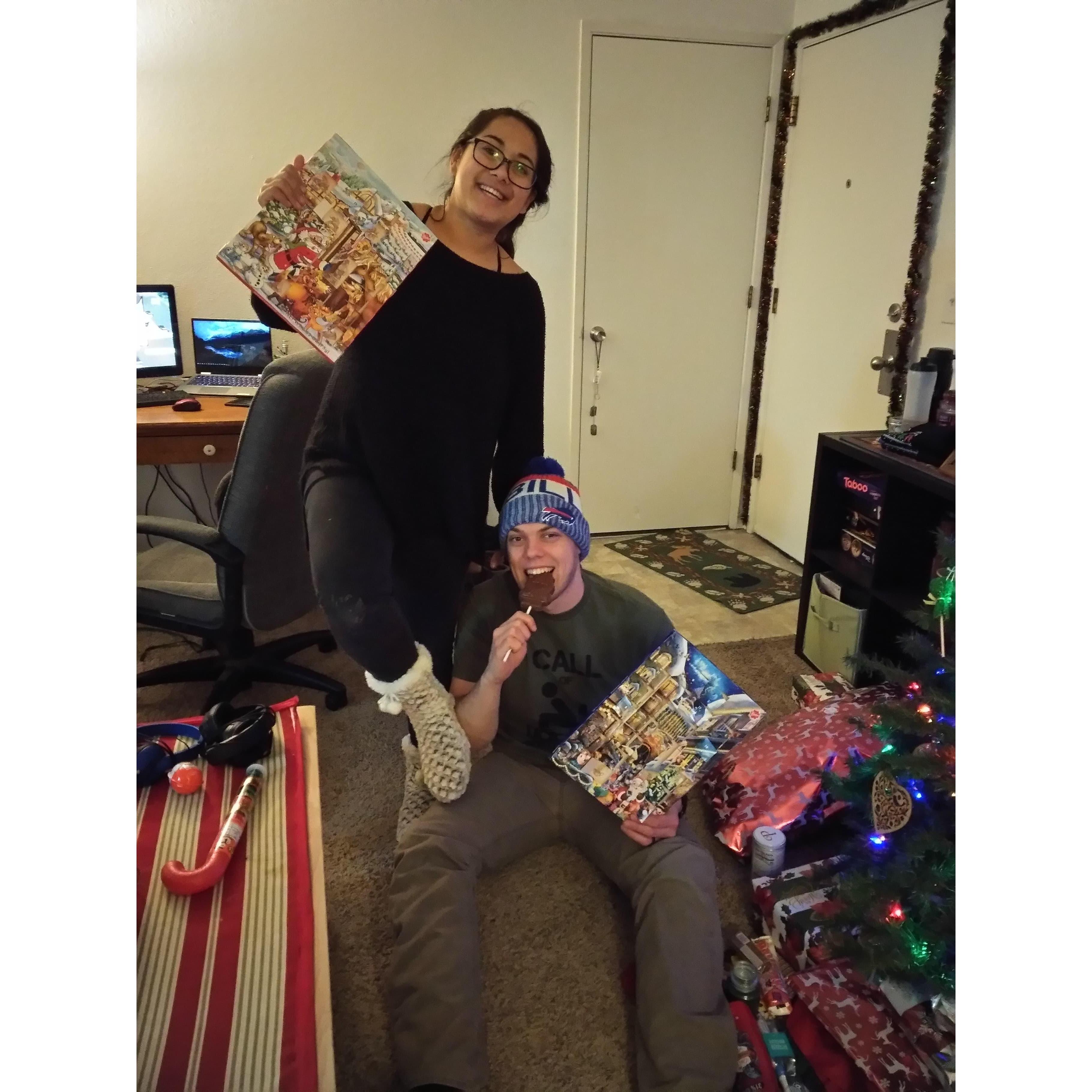 First Christmas together, showing off some new kicks and advent calendars. Our first Christmas was spent apart; Zach in Afghanistan and KK in Wilmington.