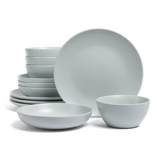 over&back 12pc Coupe Hand-Finished Stoneware Dinnerware Set Semi-Matte Fog Blue: Microwave & Dishwasher Safe, Service for 4