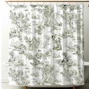 Vintage French Frog Toile Shower Curtain Cotton Print Curtain with 12 Metal Hooks Waterproof Bathroom Decor for Kitchen 18th Century Style Home Bath Accessories (Green,72x72 Inch)