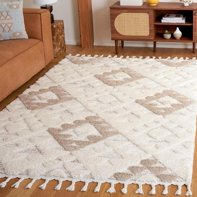 SAFAVIEH Moroccan Tassel Shag Collection Area Rug - 5'3" x 7'6", Ivory & Beige, Contemporary Design, Ideal for High Traffic Areas in Living Room, Bedroom & Dining Room (MTS688B-5)