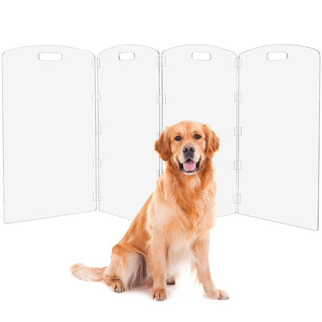 Modern Frame Clear Acrylic Freestanding Dog Gate - 32" Tall Extra-Wide Folding 4-Panel Pet Barrier for Doorways, Stairs & Large Openings, Indoor Fence for Small to Large Dogs & Cats