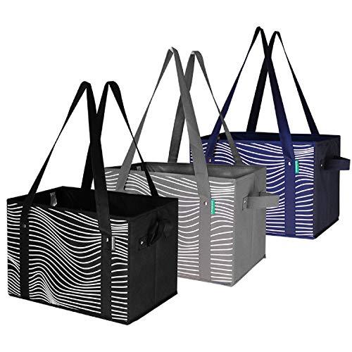 Reusable Grocery Bags Set Shopping Box with Reinforced Bottom Heavy Duty Premium Collapsible Foldable with Long Handles Storage Boxes Eco Friendly Bins Cubes (Set of 3) (Black/Grey/Navy)