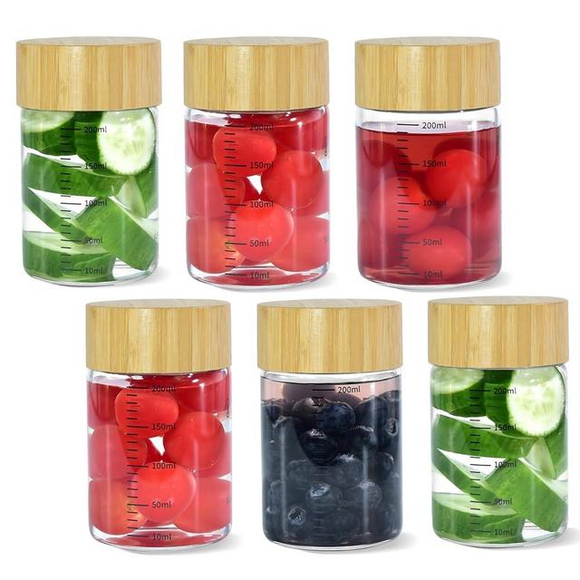 Juice Glass Bottles 6oz, 6 Pack Wide Mouth Glass Water Bottles with Bamboo Lids, for Juicing, Smoothies, Infused Water, Beverage Storage, BPA Free, Wooden Lid, Leakproof, Reusable, Borosilicate
