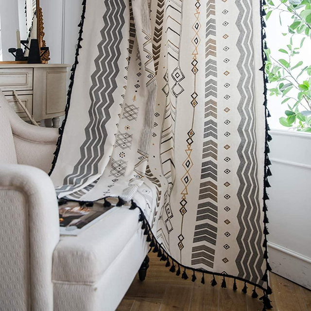 ColorBird Geometric Semi-Blackout Window Curtains 2 Panels Tribal Style Cotton Linen Darkening Curtains with Black Bordered Tassel Rod Pocket Window Drapes for Living Bedroom, 59W x 63L Inch, 1 Pair