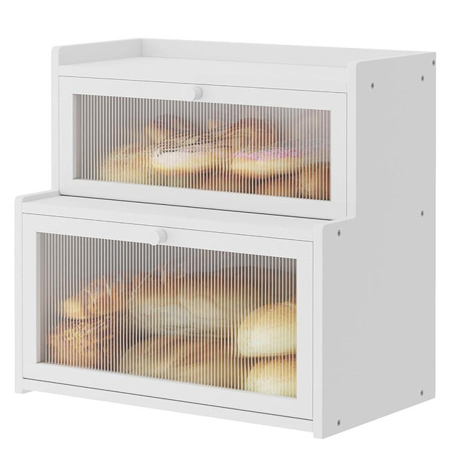Furshus Double Layer Bamboo Bread Box for Kitchen Counter,Bread Holder,Countertop Bread Storage with Window (White)