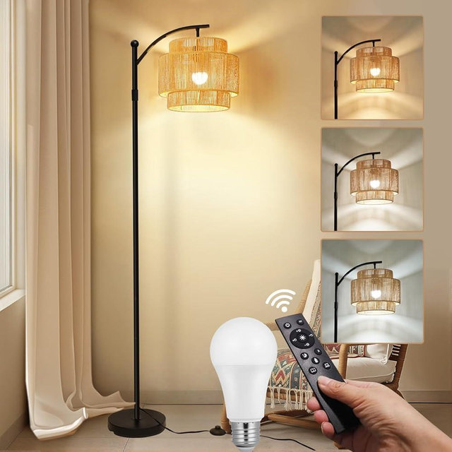 Ivyemons Boho Floor Lamp Rattan 3 Color Temperatures, Dimmable Adjustable Height Long Lasting, Arc Floor Lamps Boho with Remote Control, Standing Lamp with Foot Switch for Living Room, Bedroom