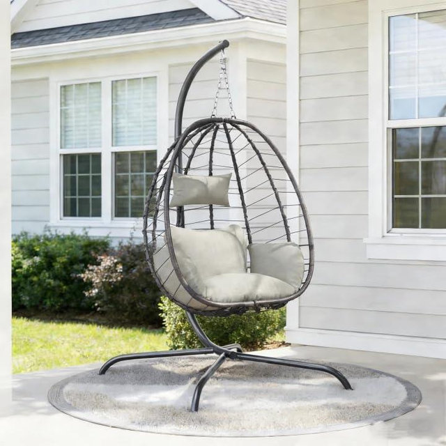 ALAULM Foldable Egg Chair with Stand, 485LBS Capacity Wicker Rattan Hammock Swing Chair for Outdoor & Indoor, Hanging Chair with Strong Frame & UV Resistant Cushion for Balcony, Bedroom, Cream