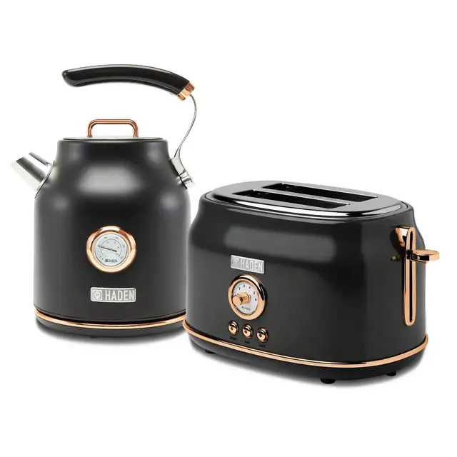 Haden Dorset 1.7 Liter Stainless Steel Electric Kettle with 360-Degree Base Bundled with 2 Slice Wide Slot Stainless Steel Toaster, Black & Copper