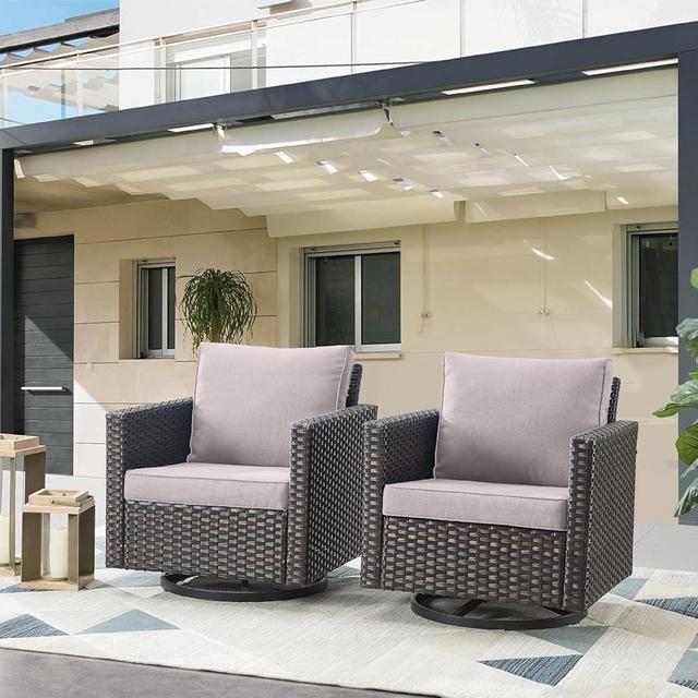 Artfurniz Outdoor Swivel Rocker Patio Chairs - 3 Piece Wicker Outdoor Glider Chair with Side Table, Proch Swivel Rocking Bistro Set for Balcony Deck Poolside - Brown Wicker Beige Cushion