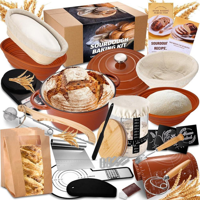 EWFEN Sourdough Starter Kit with Enamel Cast Iron Pot, Complete Sourdough Bread Baking Supplies, Round & Oval Bread Proofing Basket with 34 Oz Starter Jar, Bread Making Tools Kit