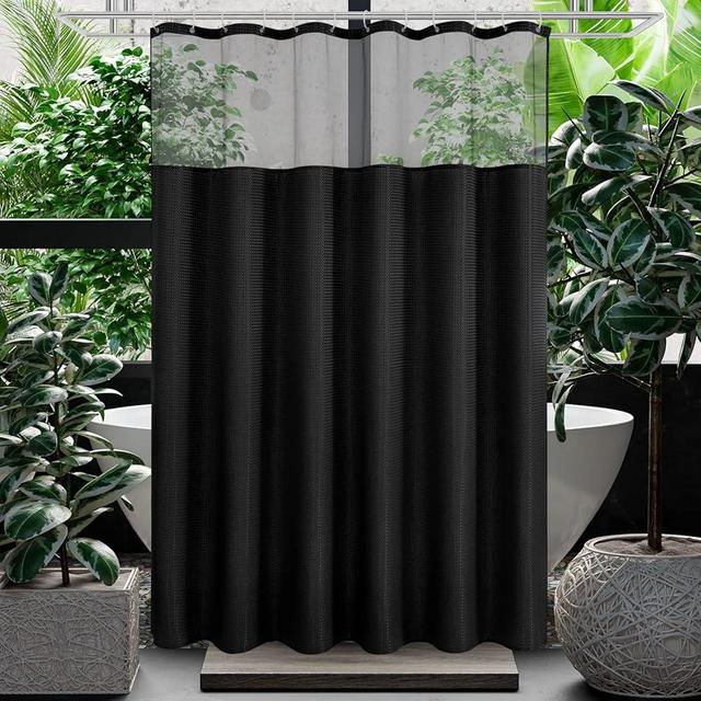 Gibelle Waffle Weave Shower Curtain with Mesh Top Window and Hooks Set, Spa Like Hotel Style Fabric Shower Curtain for Bathroom, Black, 72x72