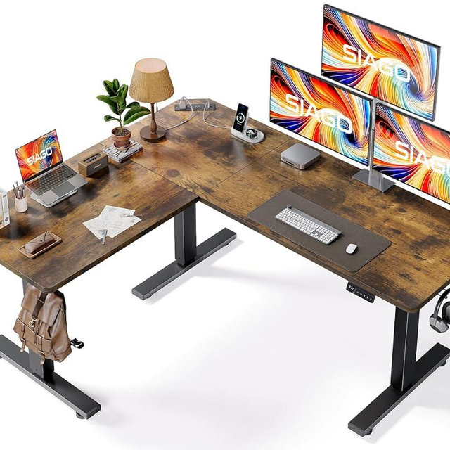 SIAGO L-Shaped Standing Desk - 63 x 55 Inch Adjustable Corner Standing Desk with Charging Station - L Shape Sit Stand Table with Memory Controller, Splice Board for Home Office