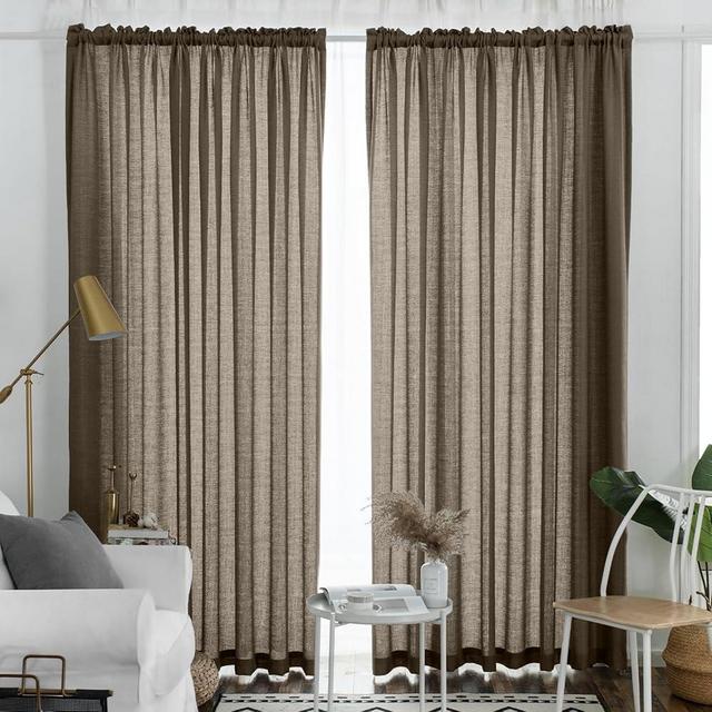 Melodieux Grayish Brown Semi Sheer Curtains 108 Inches Long for Living Room Bedroom, Extra Long Linen Look Rustic Light Filtering Shiny Sheer Drapes Curtains Rod Pocket, 52" W x 108" L, 2 Panels