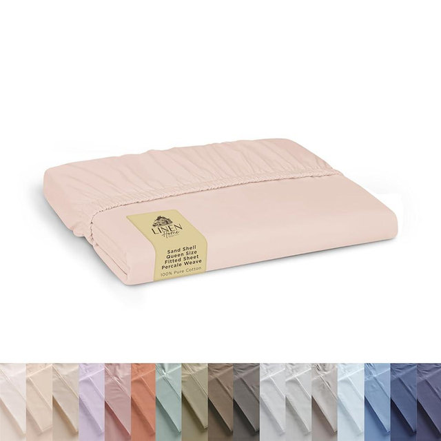Linen Home 100% Cotton Percale Weave Fitted Sheet, Queen Size, Sand Shell, 1 Deep Pocket Fitted Sheet, Fits Mattress Upto 16" Crisp and Cool Strong Bed Linen, 60"X80"+15"