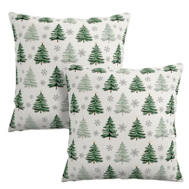 Wnoesat Christmas Tree Pillow Covers 18x18 Set of 2 Green Xmas Outdoor Decorative Throw Pillow Cases Neutral Rustic Nature Forest Winter Snowflake Pillowcases for Farmhouse Living Room Decor